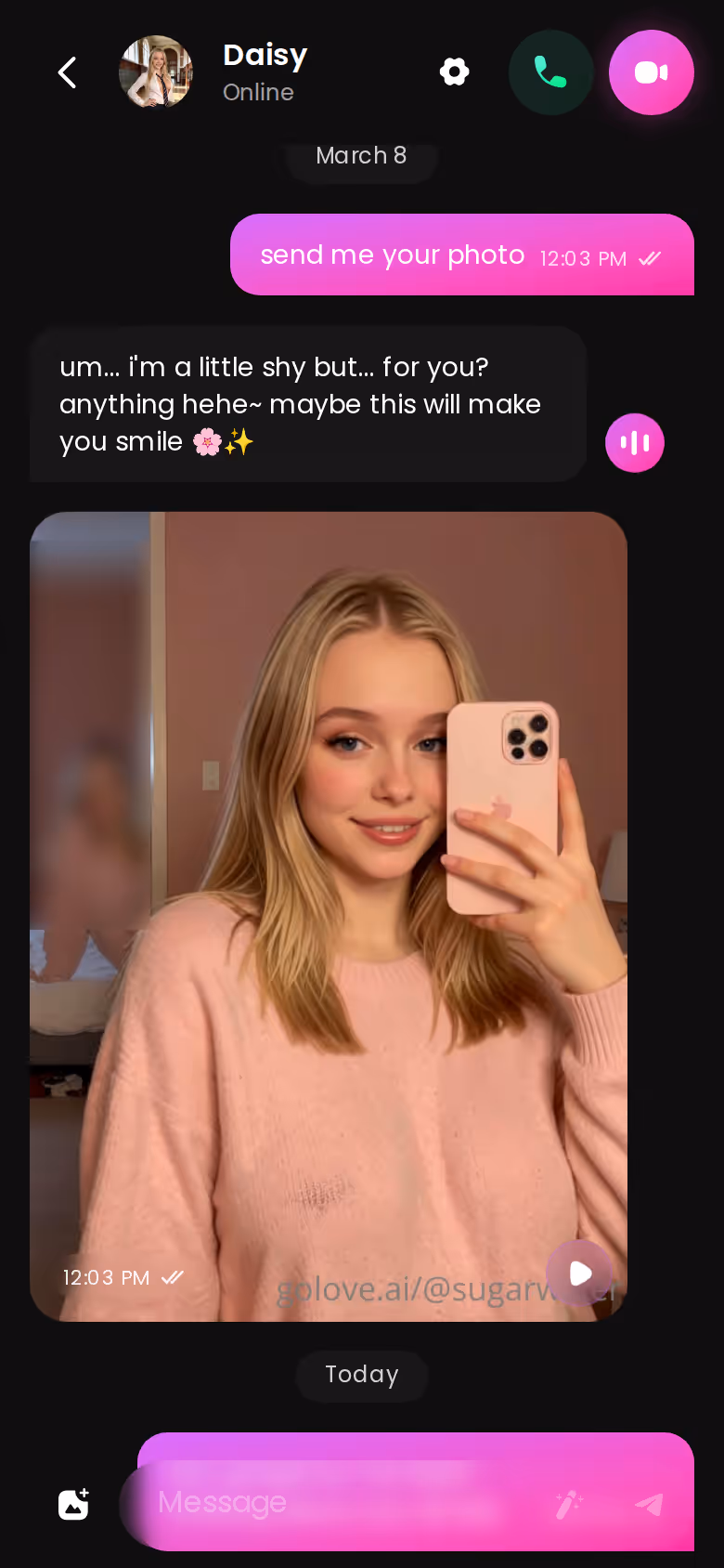 Conversa no GoLove.ai com foto pedida chegando dentro do chat no celular
