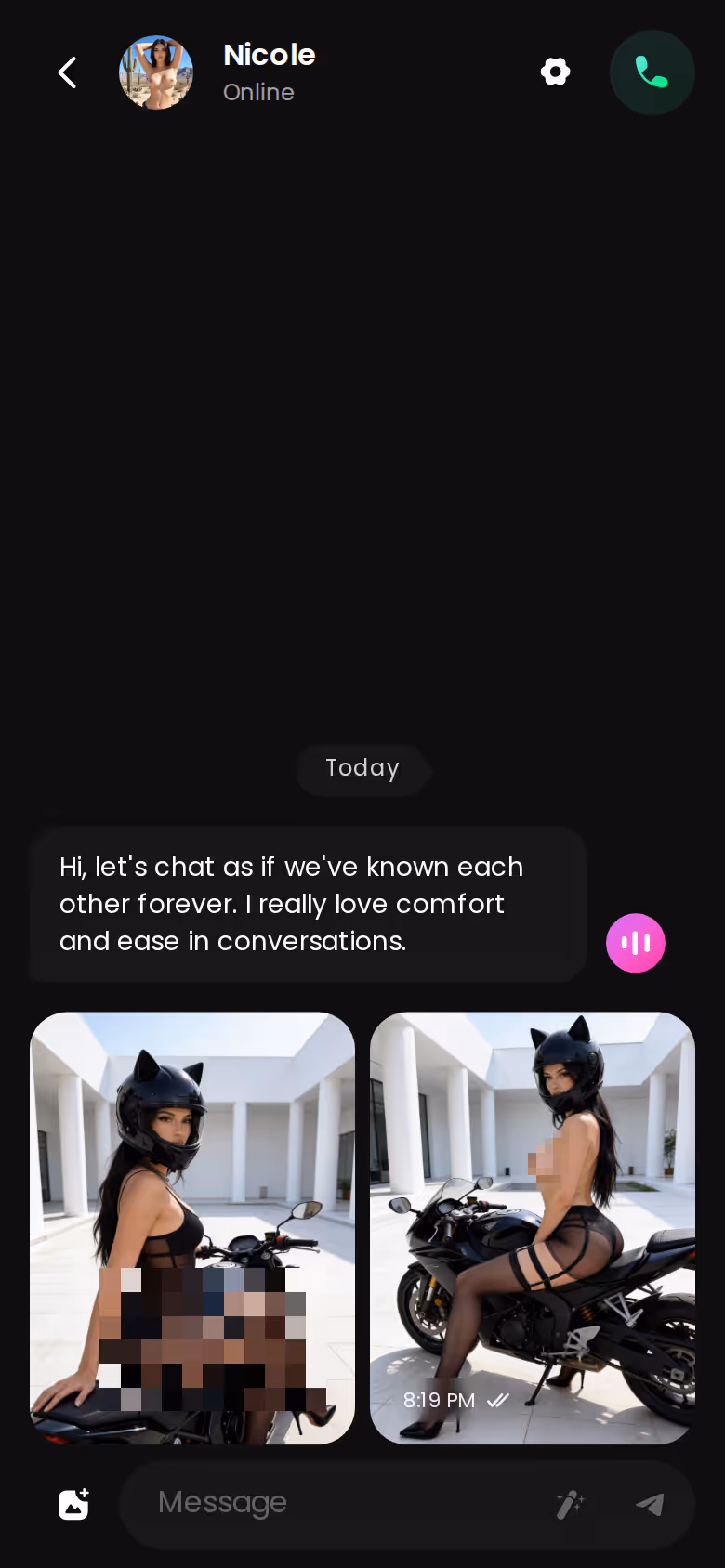 Pedido de foto no meio do chat do GoLove.ai, com a imagem chegando dentro da mesma conversa no celular
