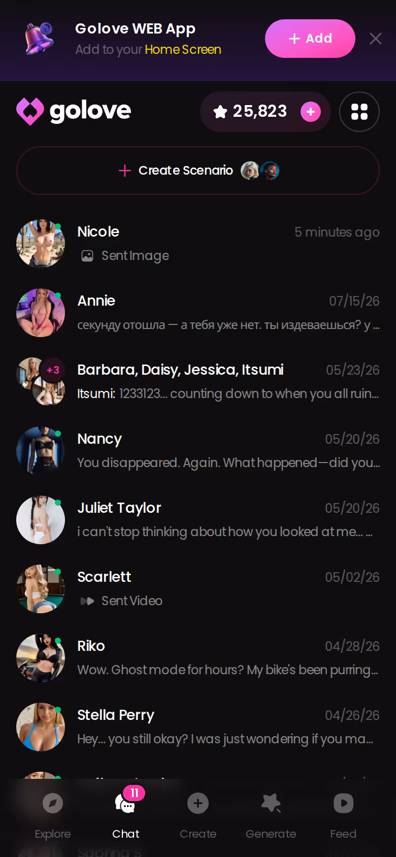 Lista de conversas do GoLove.ai no celular com as personagens salvas