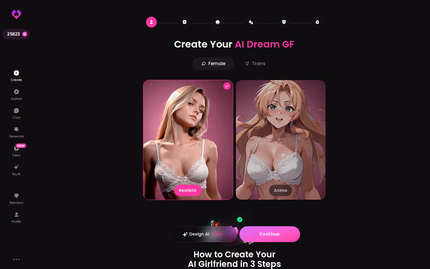 Início do assistente de criação de personagem do GoLove.ai com as opções Realistic e Anime