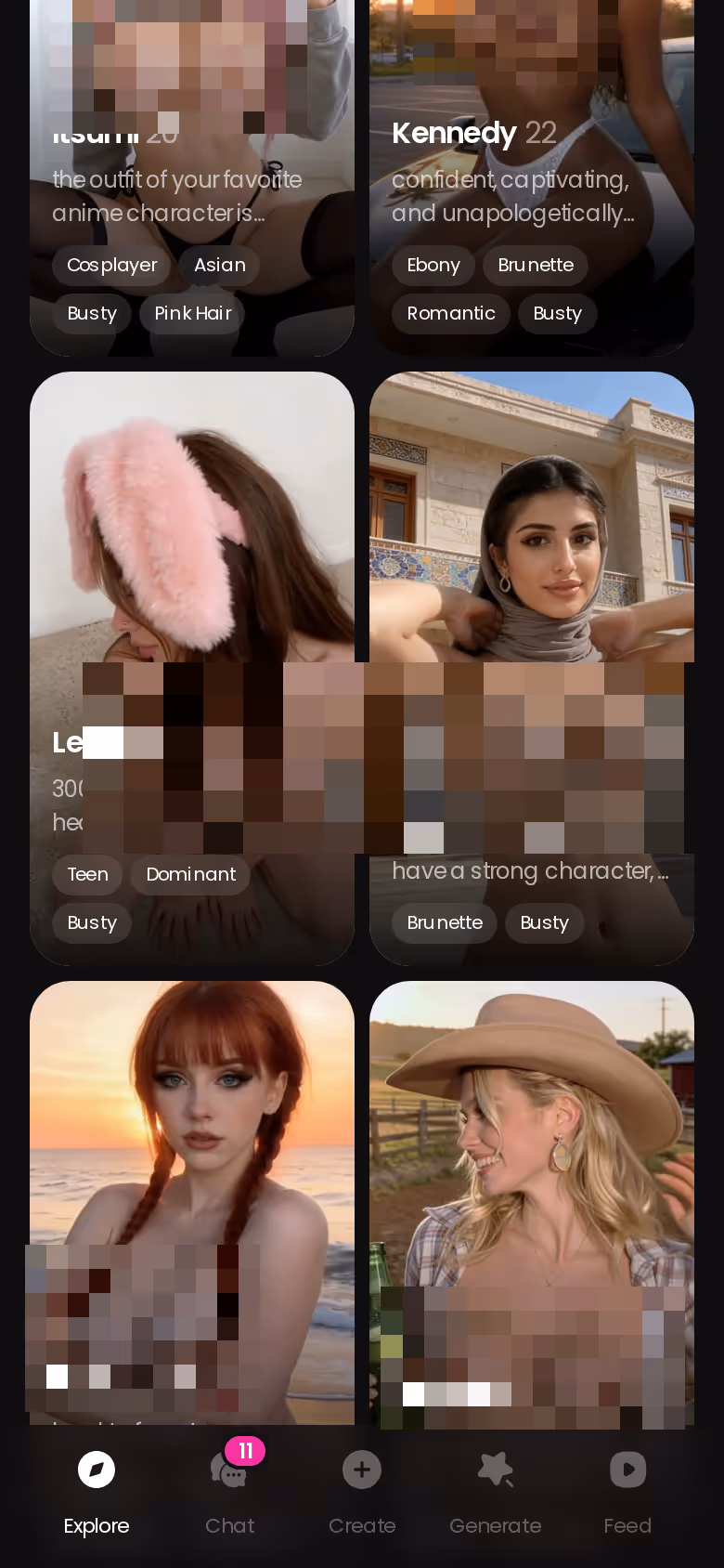 Mobile GoLove.ai Explore grid scrolled down — alternativa ao janitor ai