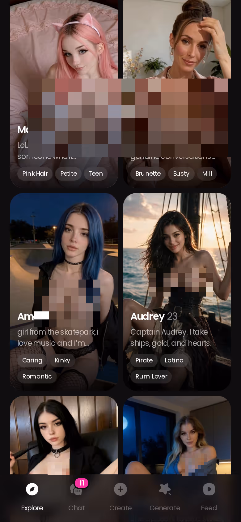 More of the mobile GoLove.ai Explore character grid — abdl chat