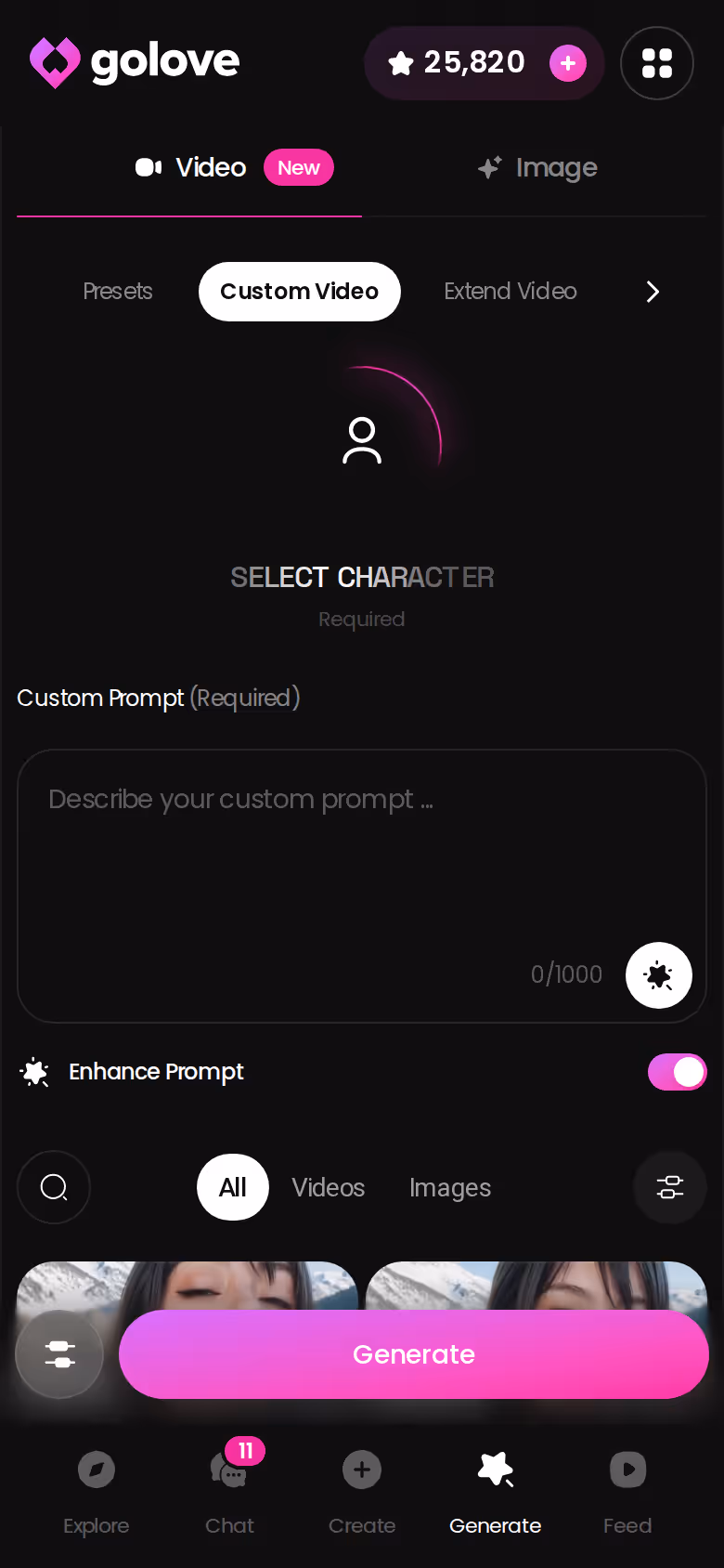 Criação de vídeo personalizado no GoLove.ai pelo celular