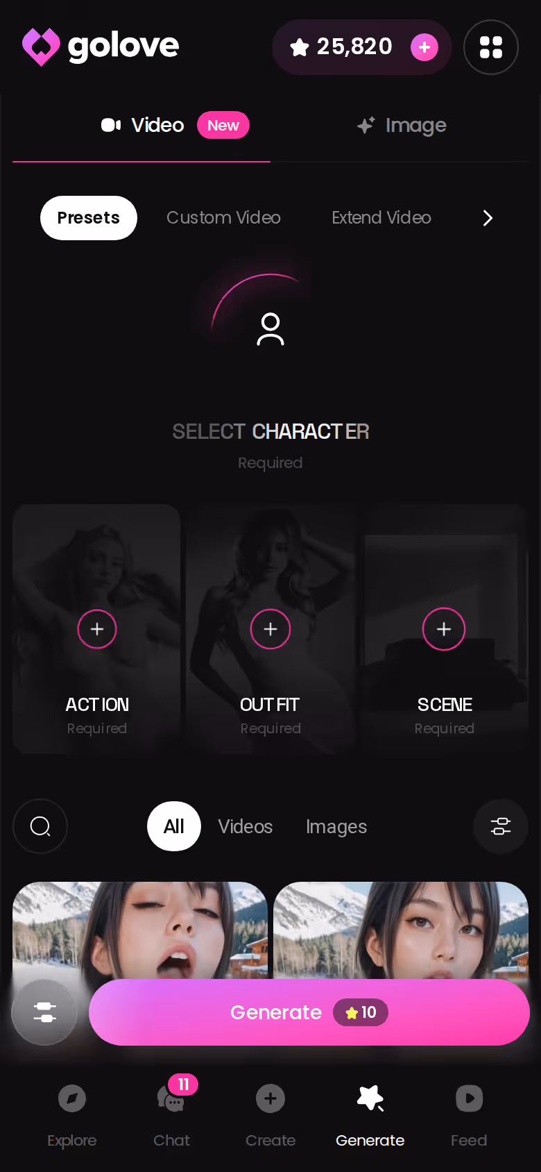 Hub Generate da GoLove.ai no celular com os modos Vídeo e Imagem lado a lado