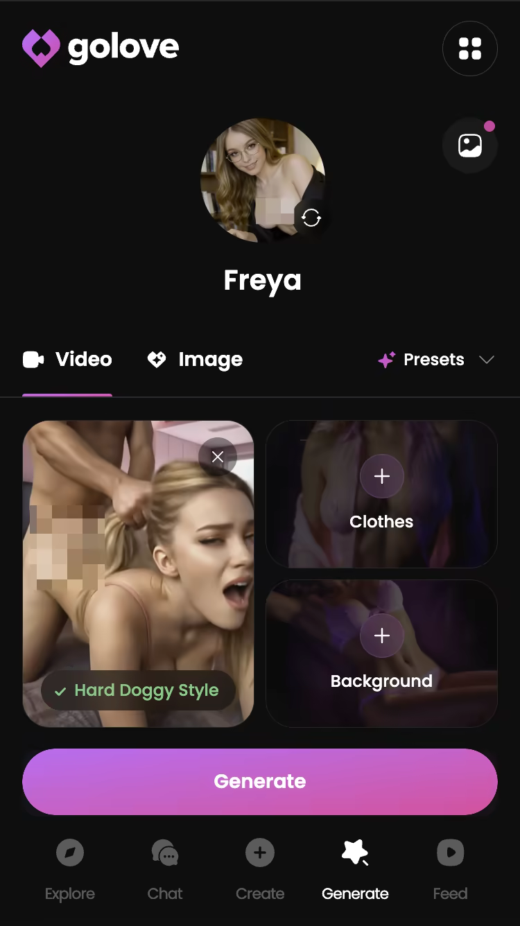 Explicit action preset selected in the GoLove.ai video generator — namorada ia 18